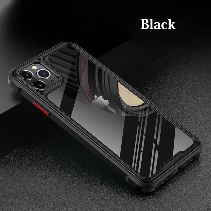 Transparent silicone iPhone 11 case showing six colour options: black, gold, green, grey, red, silver