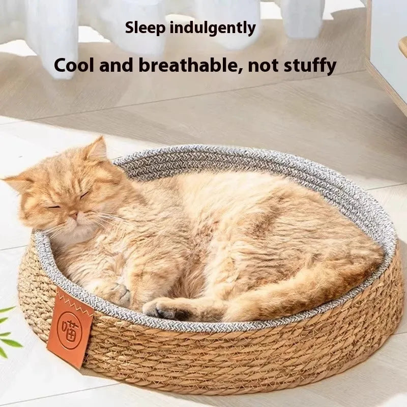 Natural rattan woven cat nest bed showing breathable open design suitable for feline sleeping