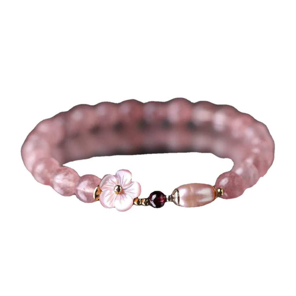 Strawberry quartz crystal bracelet with peach blossom floral design for women