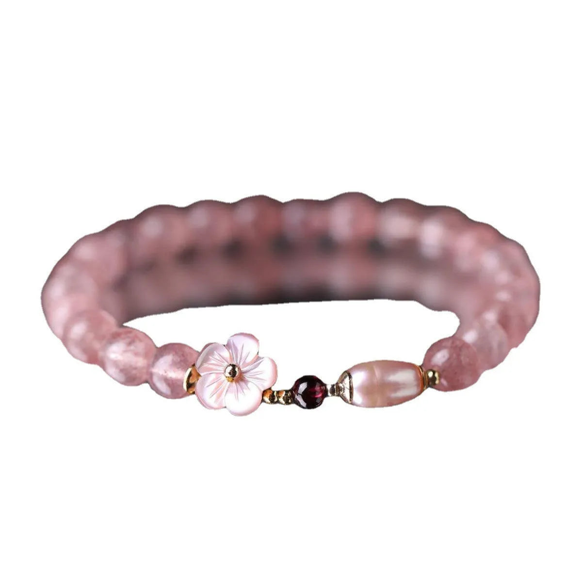 Strawberry quartz crystal bracelet with peach blossom floral design for women