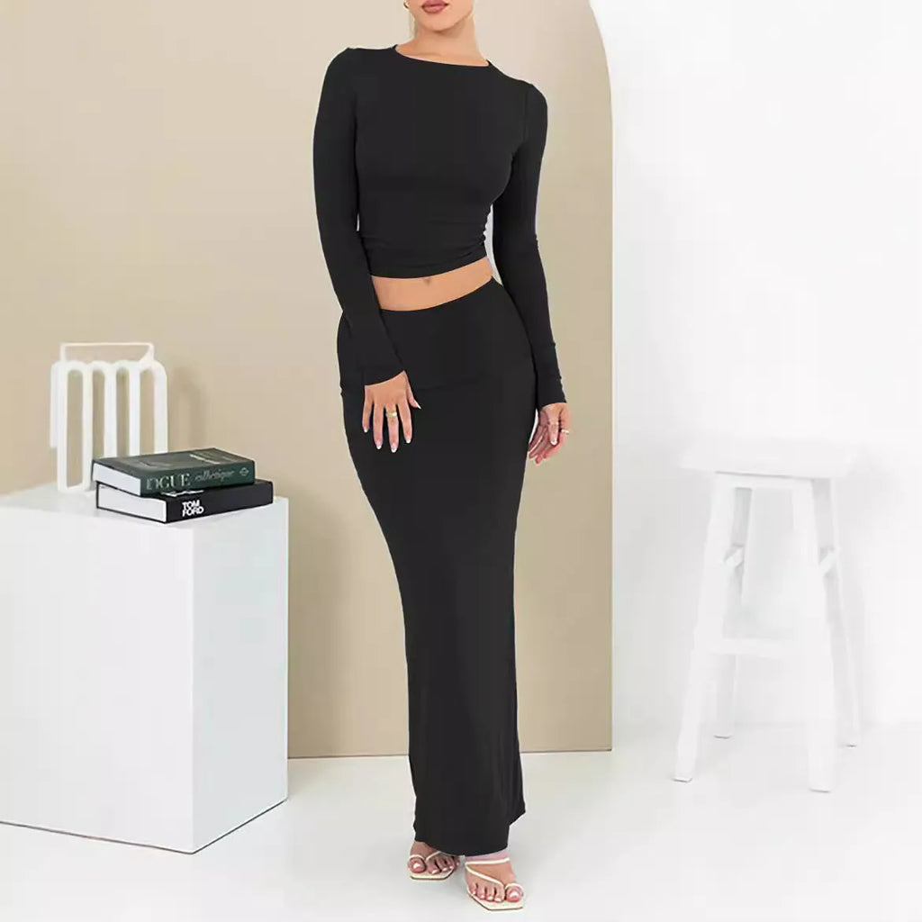 Women's autumn two-piece suit in slim fit sweet style with long skirt and three-quarter sleeve top
