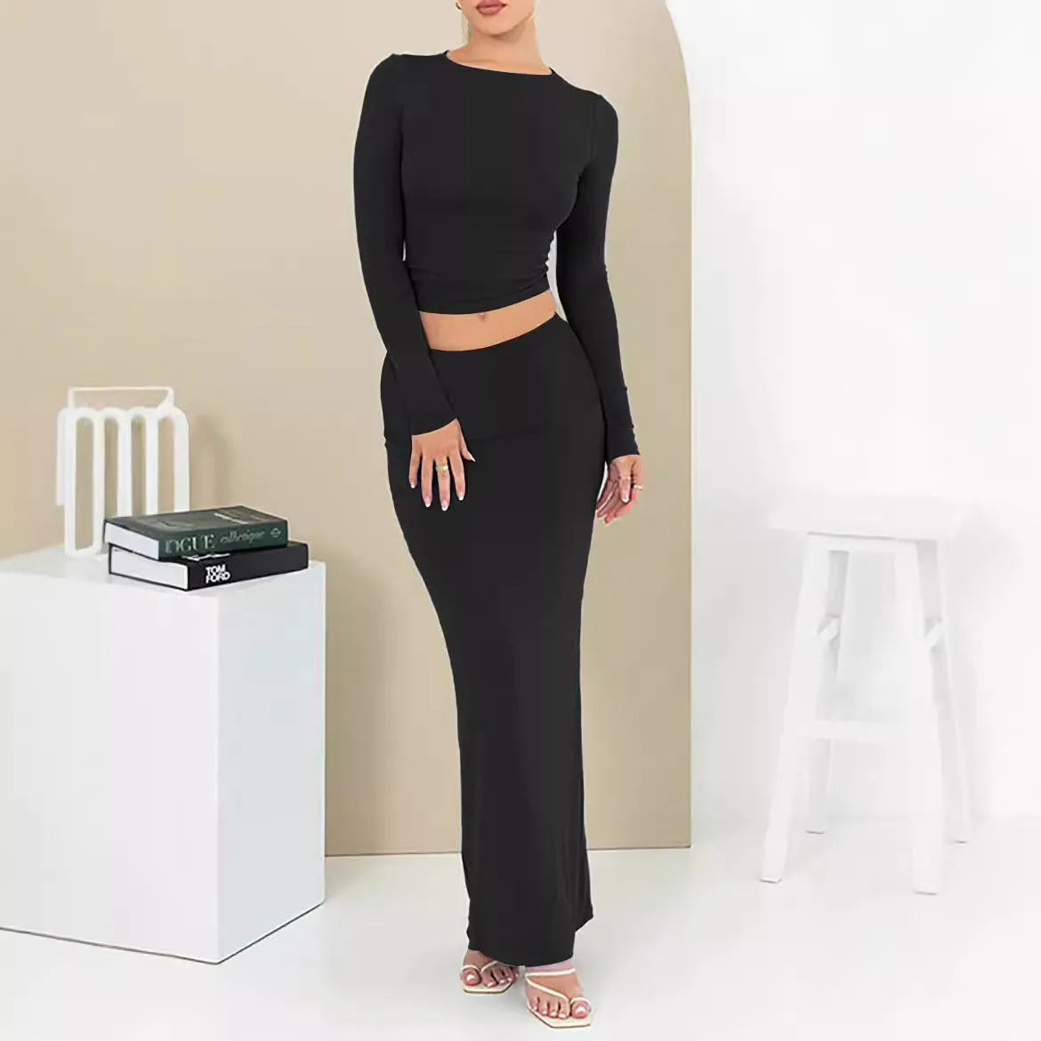 Women's autumn two-piece suit in slim fit sweet style with long skirt and three-quarter sleeve top