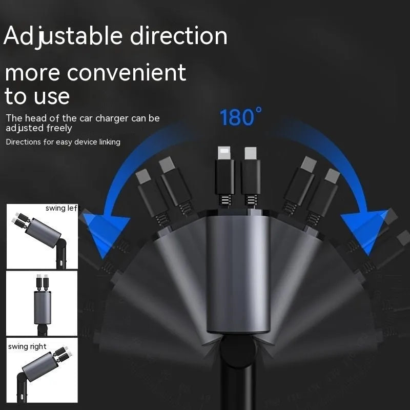 Automatic retractable car charger with four USB ports plugged into a vehicle cigarette lighter socket.