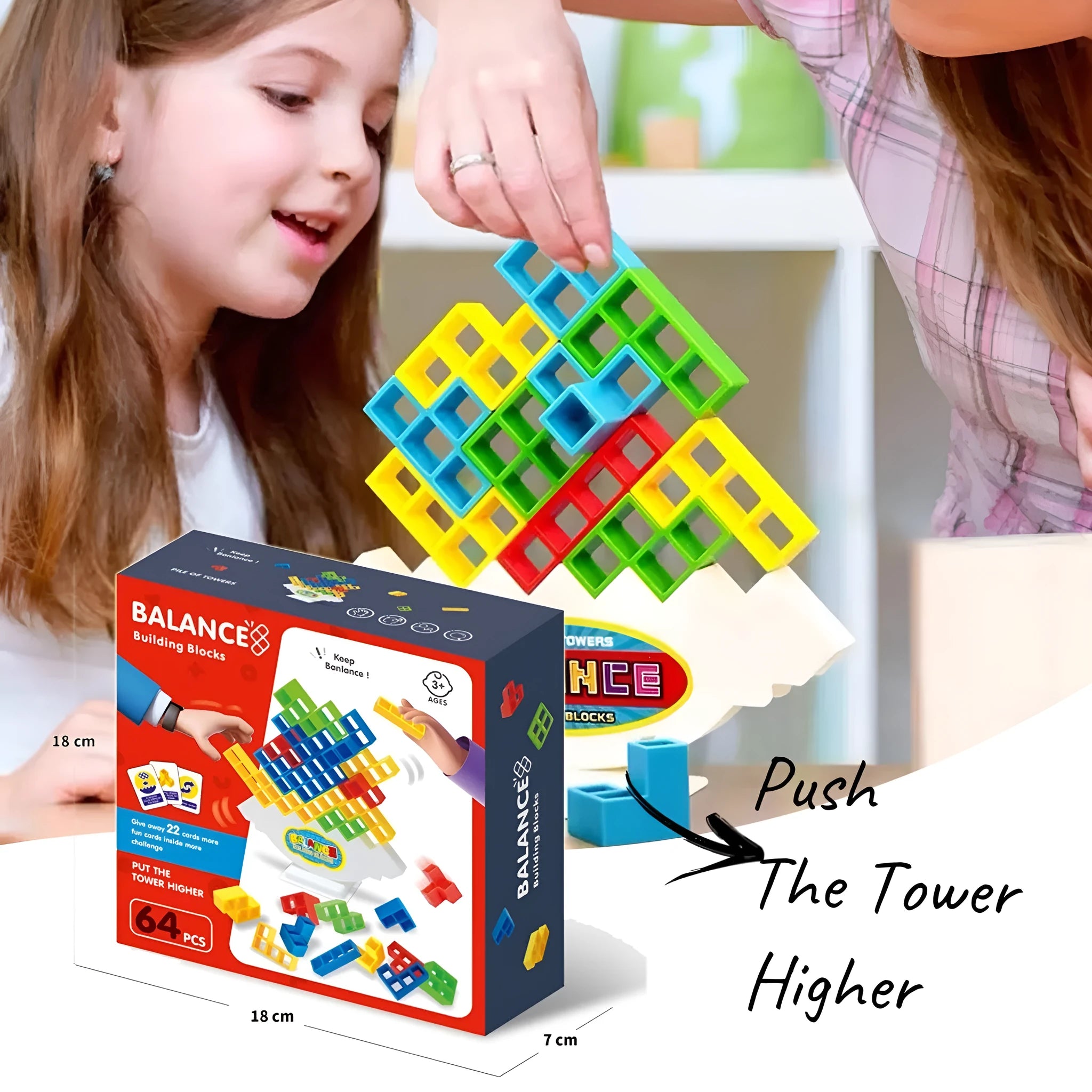 Plastic balance stacking board game with 16 colourful blocks on a chassis and base