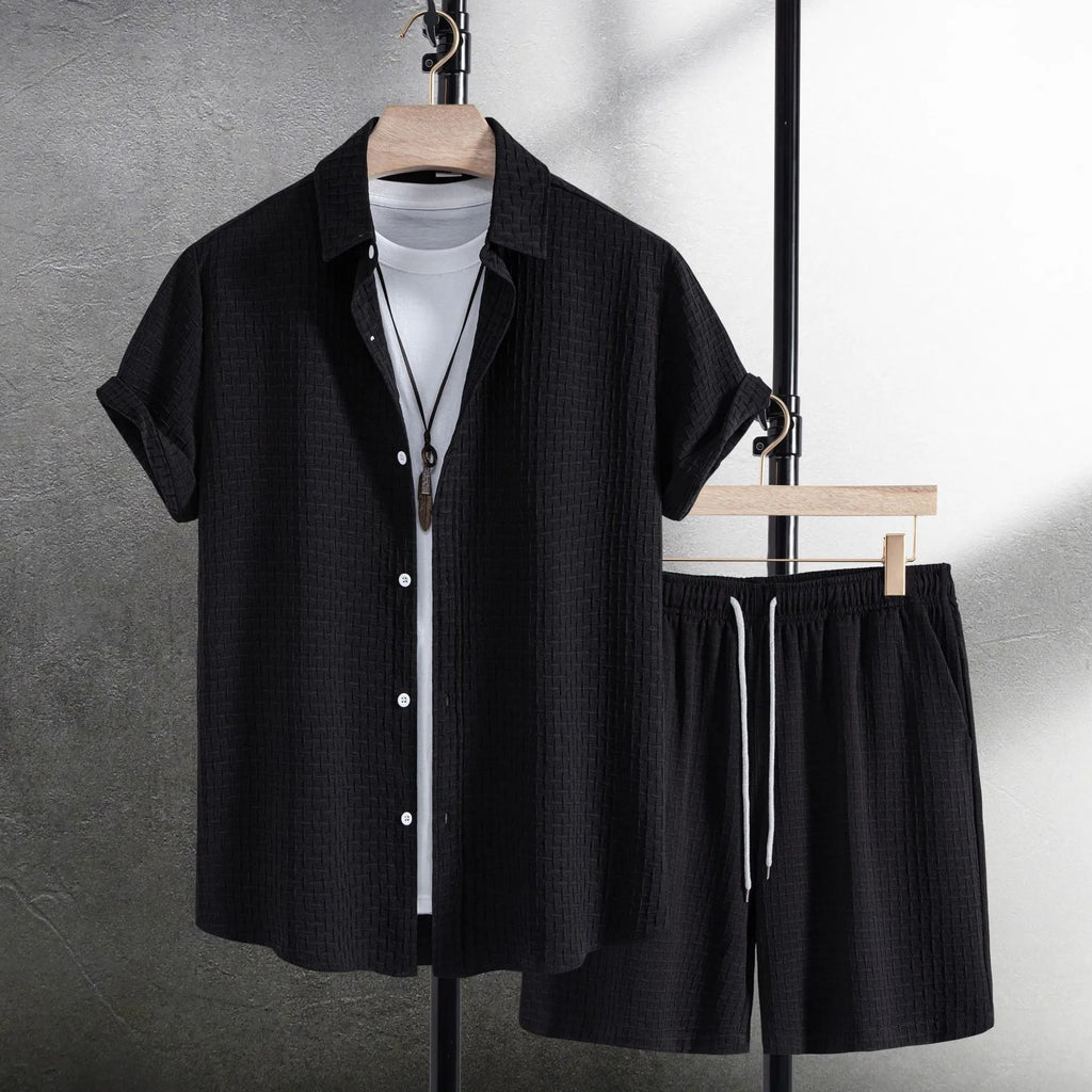 Men's white cotton blend short sleeve shirt and shorts casual summer suit set.