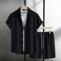 Men's white cotton blend short sleeve shirt and shorts casual summer suit set.