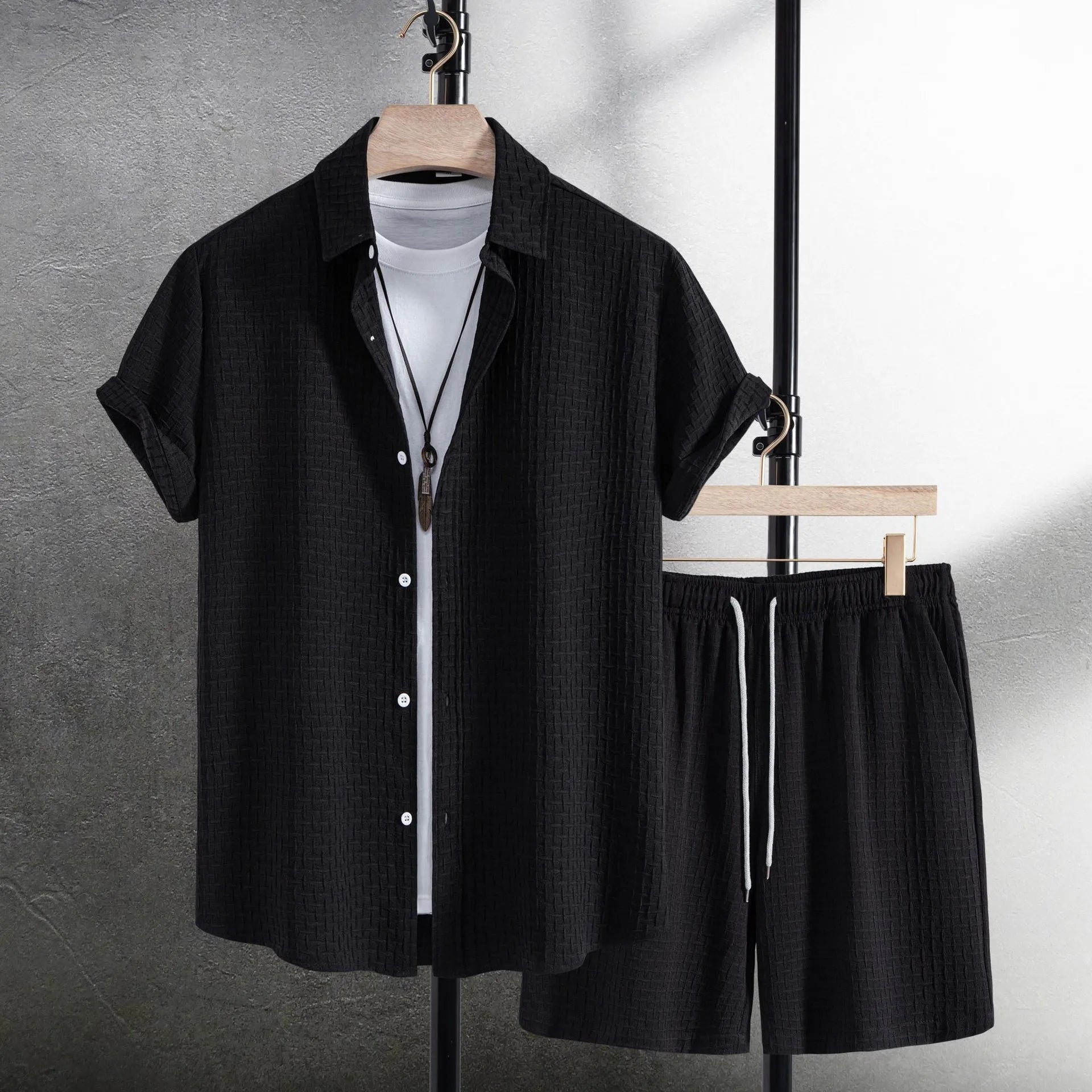 Men's white cotton blend short sleeve shirt and shorts casual summer suit set.
