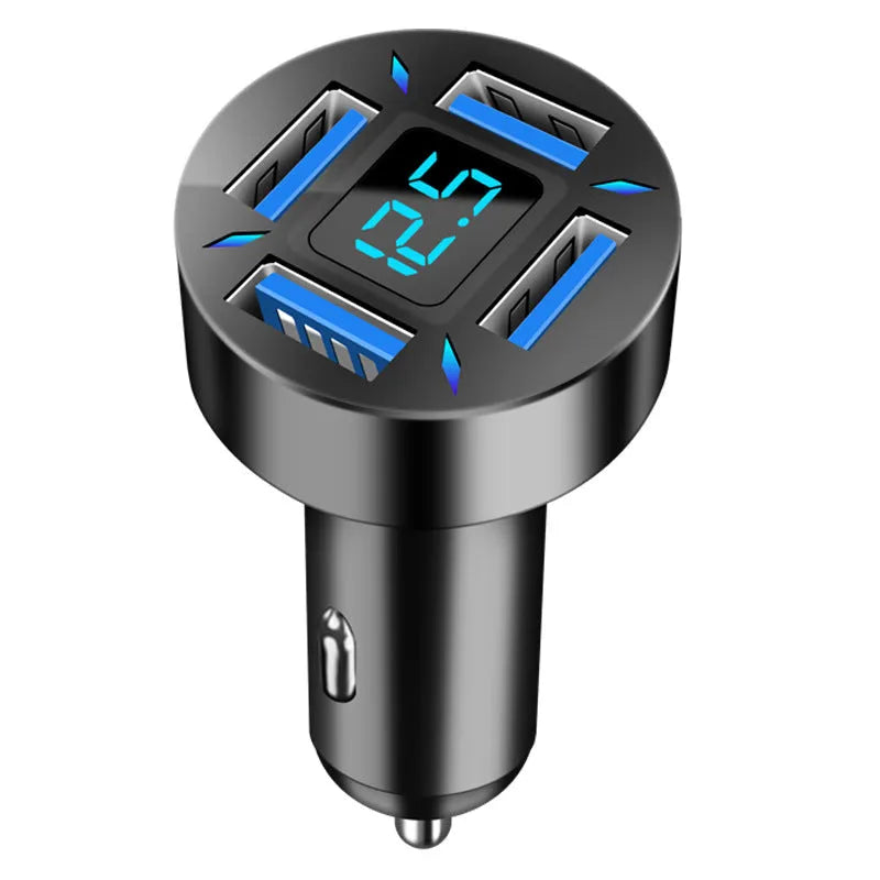 Black four-port USB car charger with LED digital display, compact design for vehicle use.