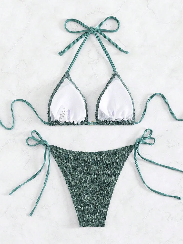 Women's green and pink backless halter swimsuit set with three-point straps