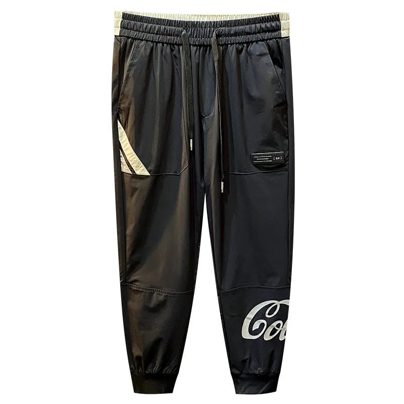 Men's solid black ultra-thin ice silk ankle banded cropped casual trousers