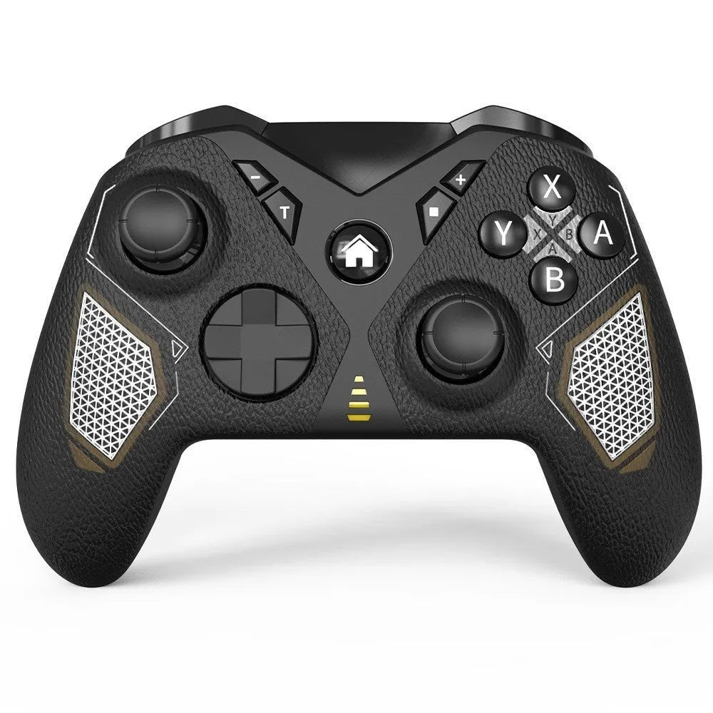 Black wireless game controller for Nintendo Switch with a leather-pattern texture on the grips.