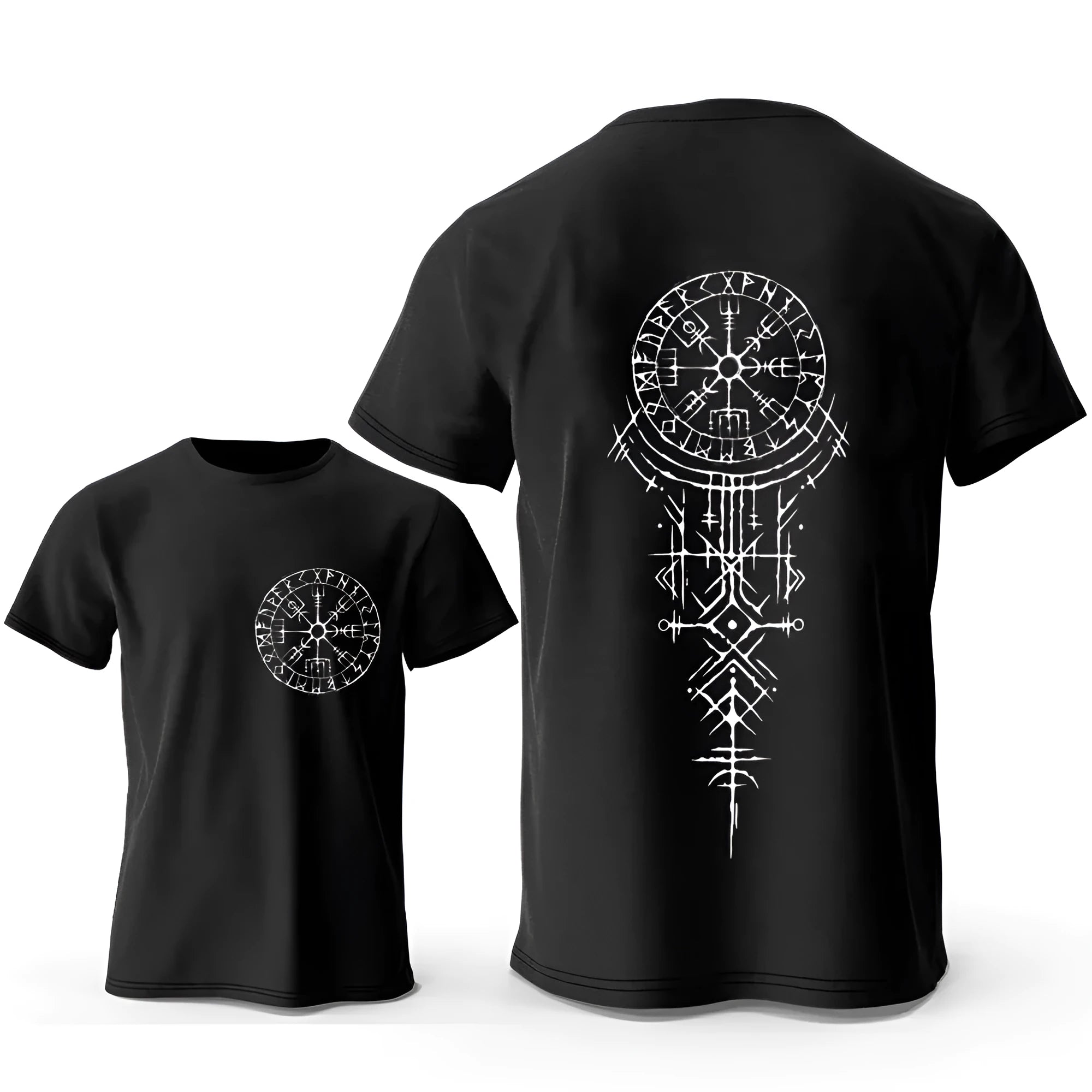 Viking rune compass graphic printed on men's pure cotton t-shirt in multiple colour options