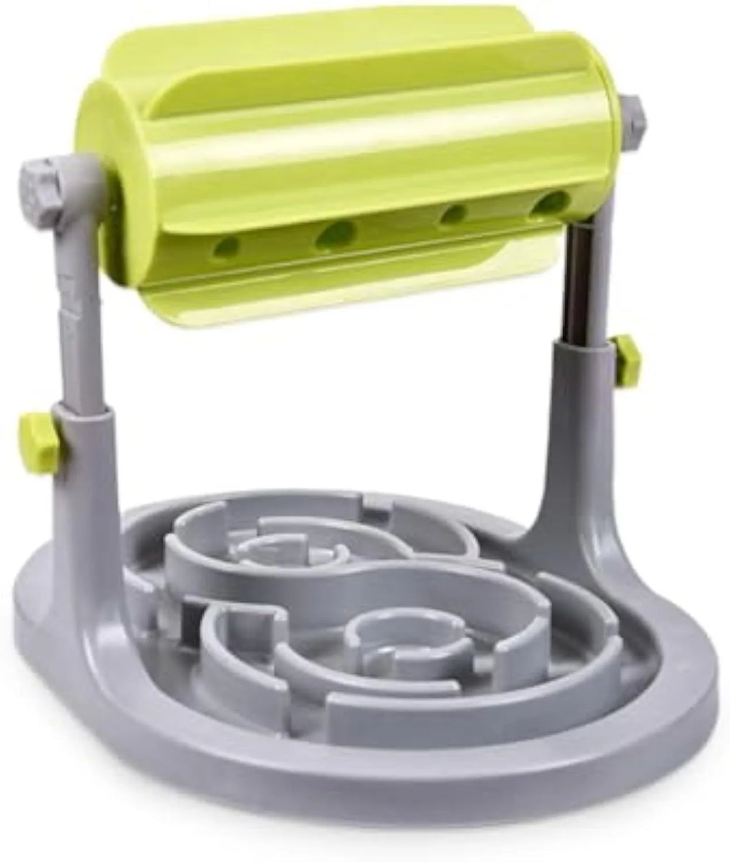 Blue interactive pet puzzle feeder bowl with adjustable height and raised food tray patterns