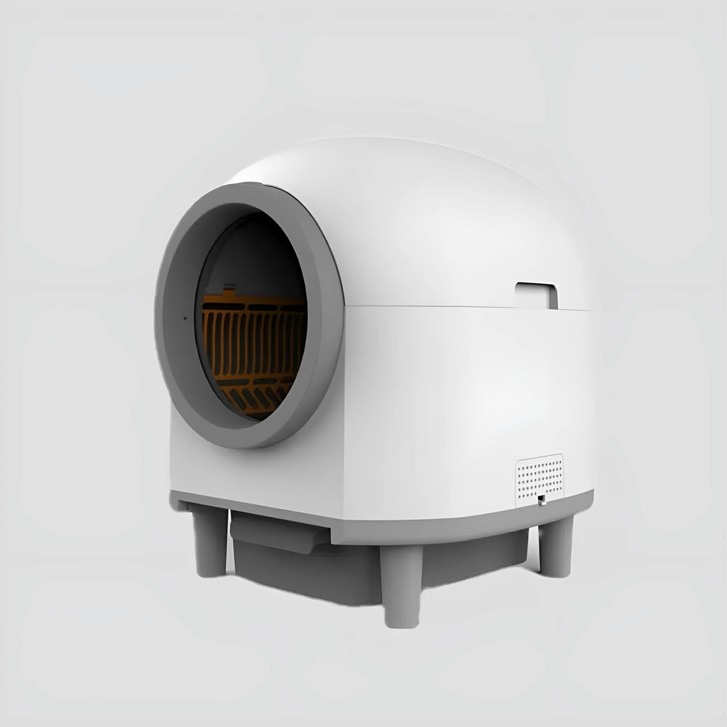 White automatic cat litter box with enclosed design for indoor use