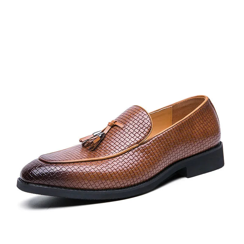 Men's black pointed toe slip-on shoes with a tassel, made from artificial PU leather.