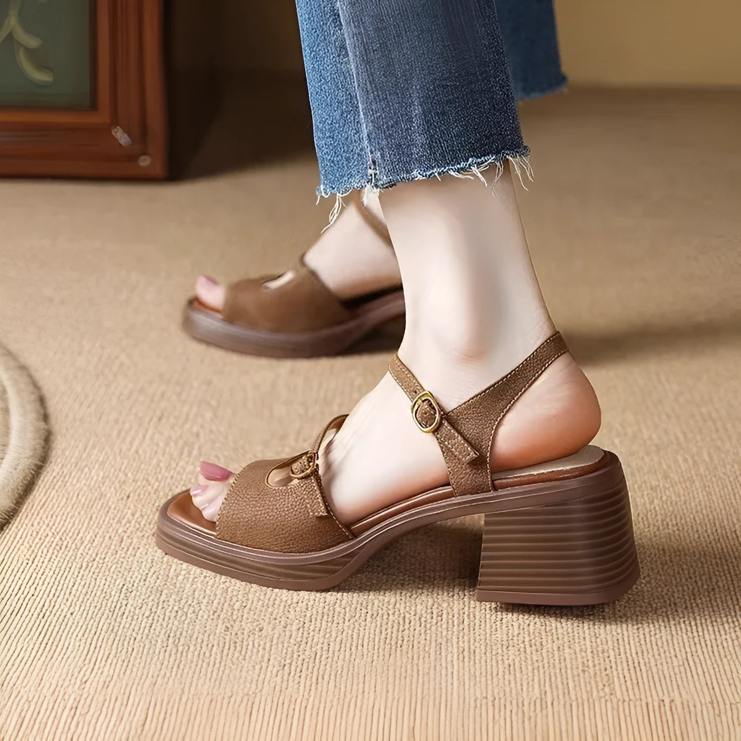 Women's open toe square toe platform sandals in brown with rubber sole and PU leather upper