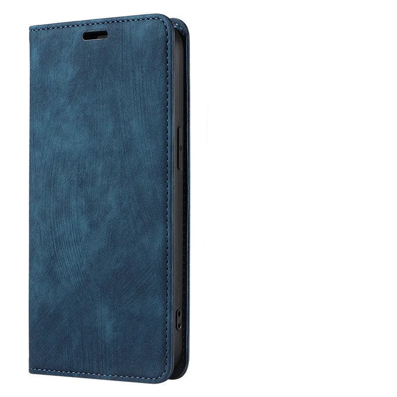 Magnetic flip iPhone case in black with TPU leather construction and magnetic closure flap