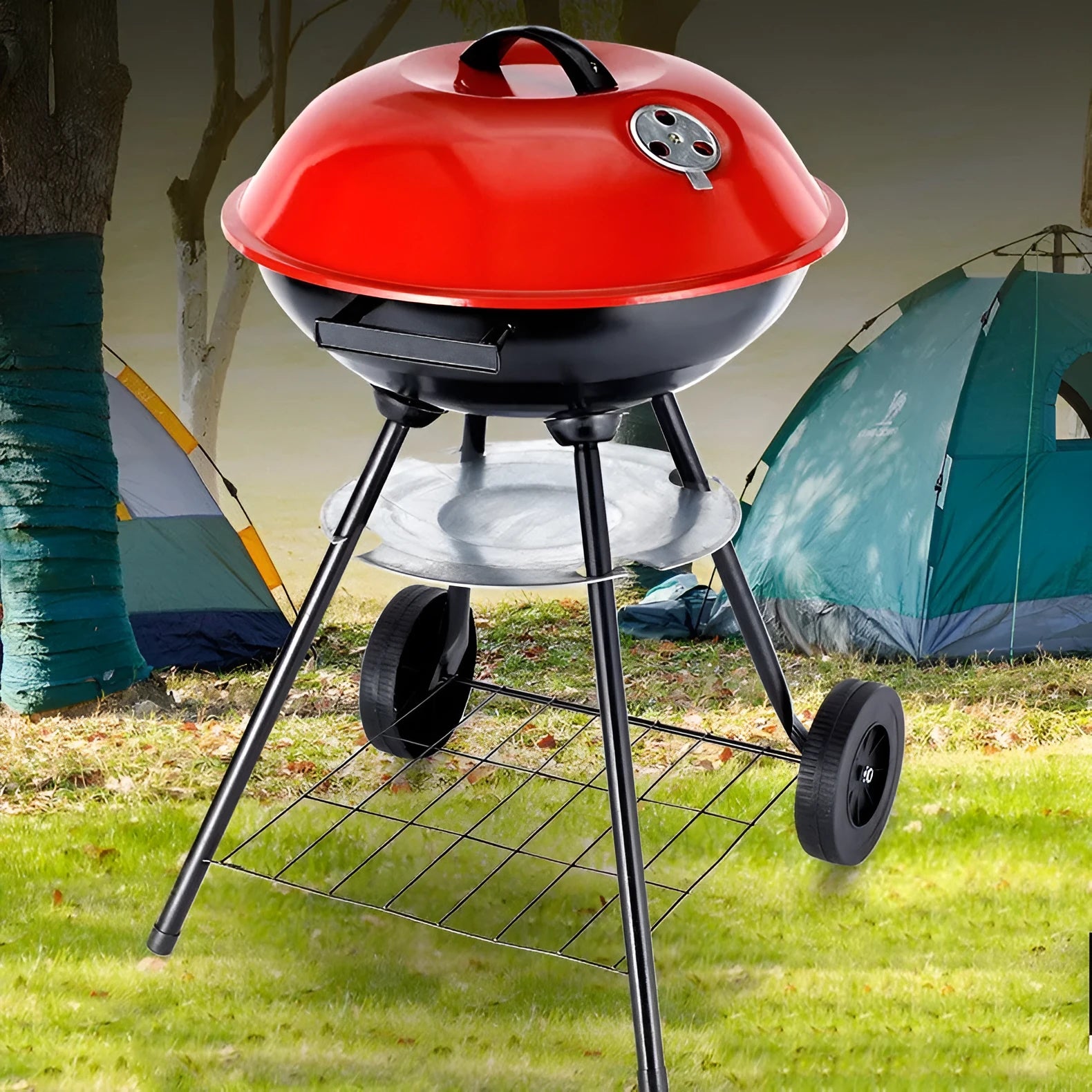 Portable 14-inch iron charcoal barbecue grill for 3-5 people.