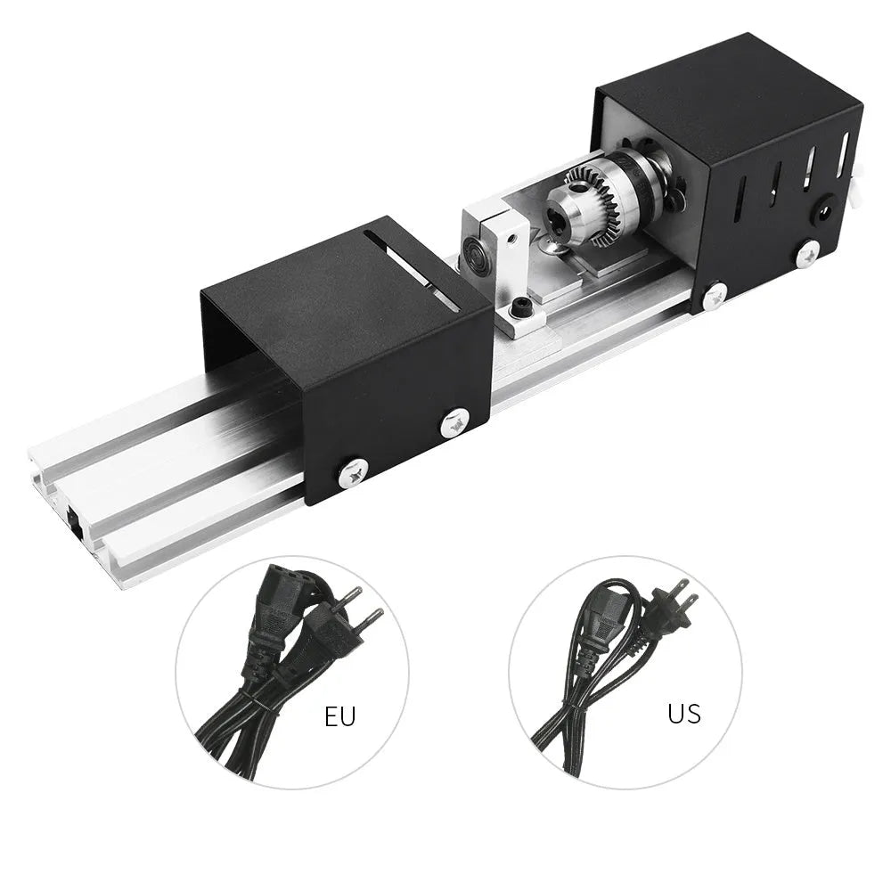 Mini metal woodworking lathe with carving knives on workbench