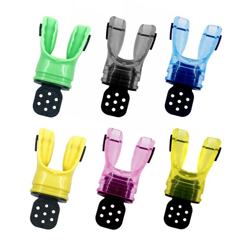 Plastic free diving mouthpiece in edible silicone showing colour options including black, white, blue, green, yellow and pink