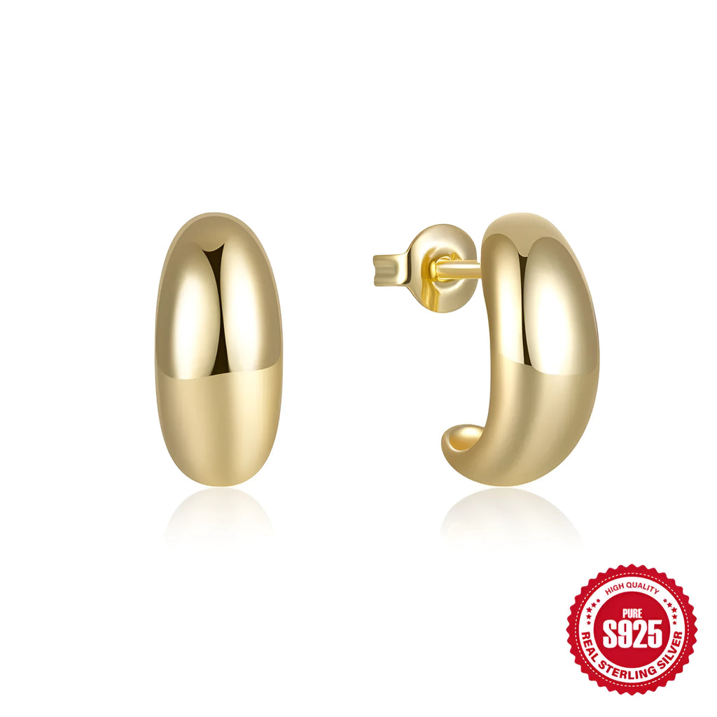 Sterling silver C-shaped stud earrings in electroplated gold or white gold finish