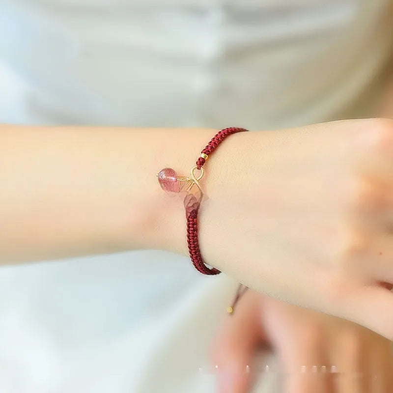 Natural strawberry quartz cherry charm bracelet for women with crystal beads
