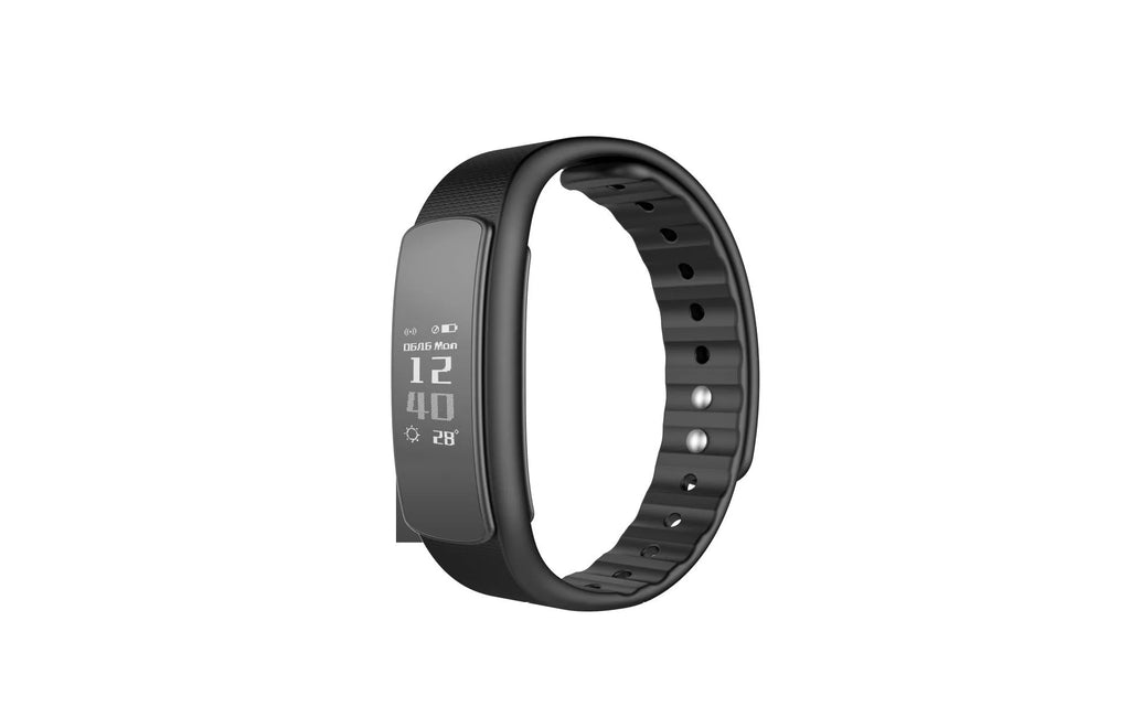 I6 smart sports bracelet with black TPU strap and 0.96 inch touch screen displaying fitness data.