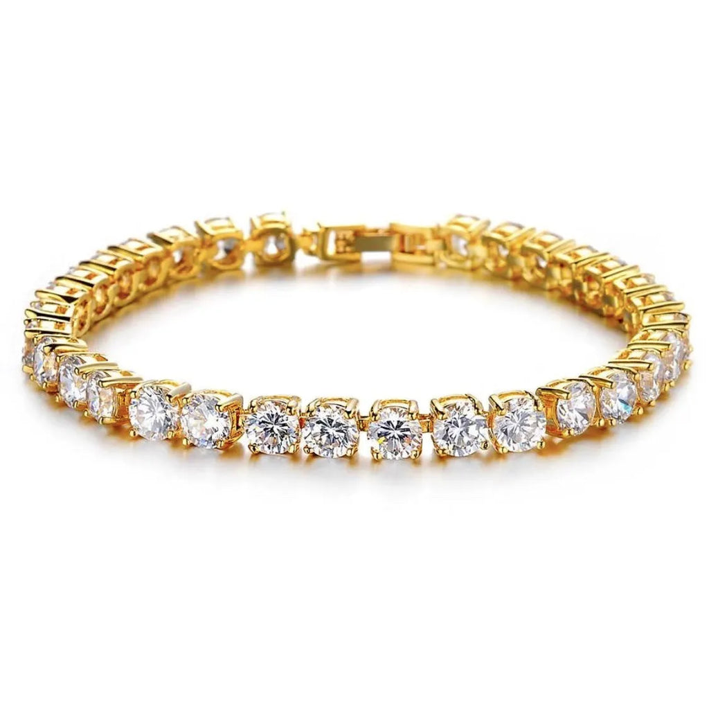 Men's silver alloy hip hop bracelet with a row of clear rhinestones and a tennis charm on a link chain.