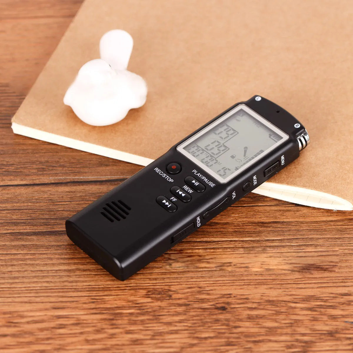 USB digital voice recorder with external microphone connection, compact black recording device