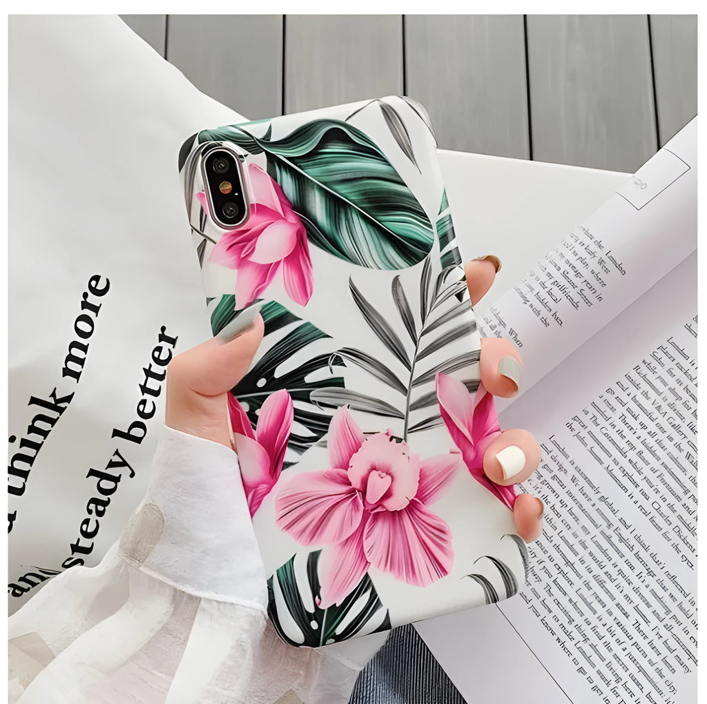 Pink floral iPhone case with flower design on back cover for multiple iPhone models