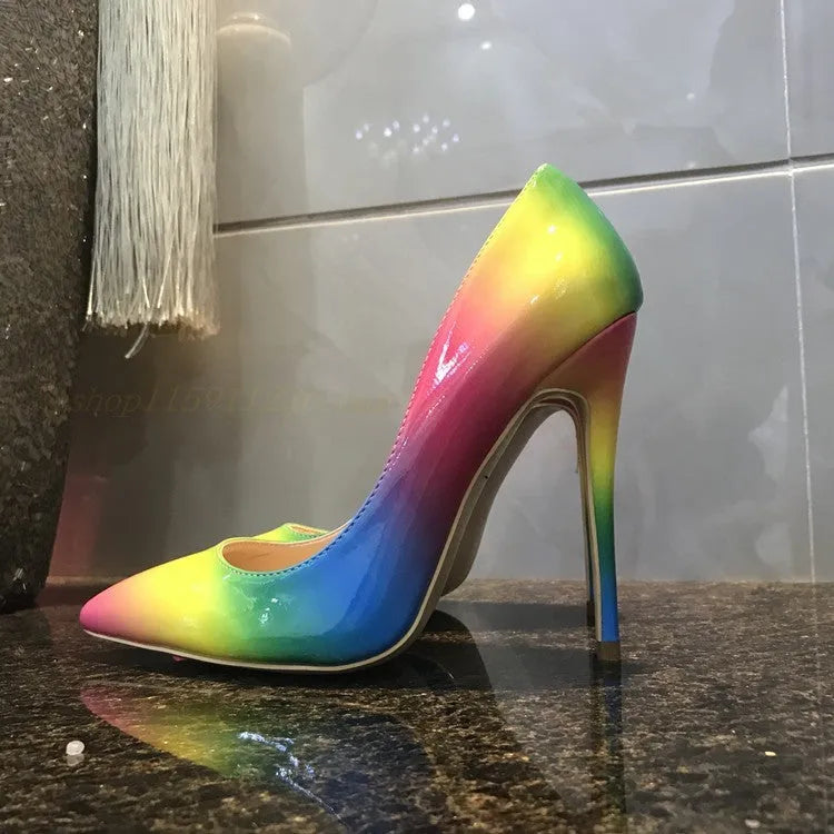 Rainbow patent leather women's high heels with pointed toe and thin heel