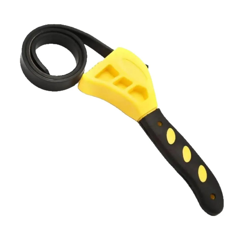 A 6-inch and an 8-inch adjustable rubber strap wrench with a plastic handle and phosphated metal parts.