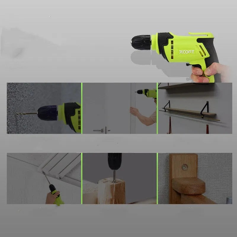 450 watt pistol-grip electric drill with multi-speed control and a 10mm chuck on a workbench.