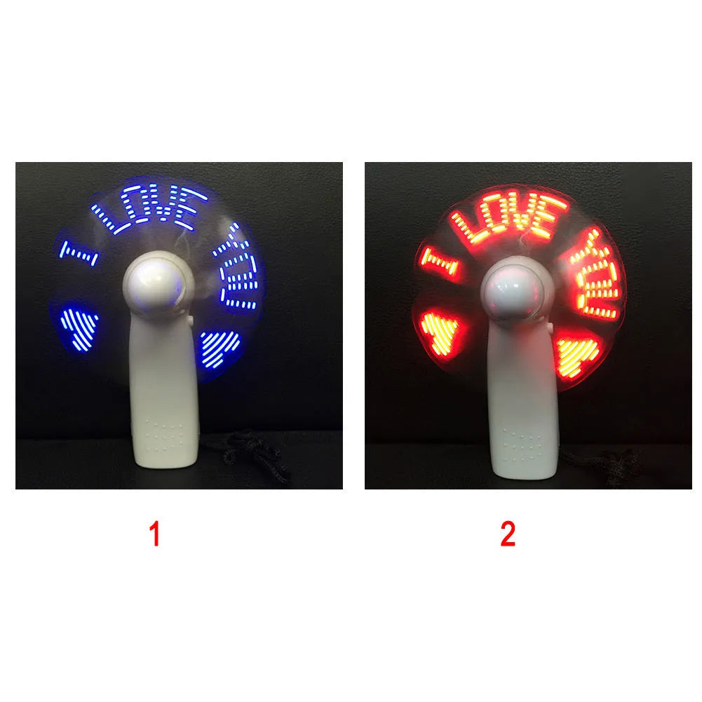 White mini handheld fan with blue and red LED 'I Love You' display, showing dimensions