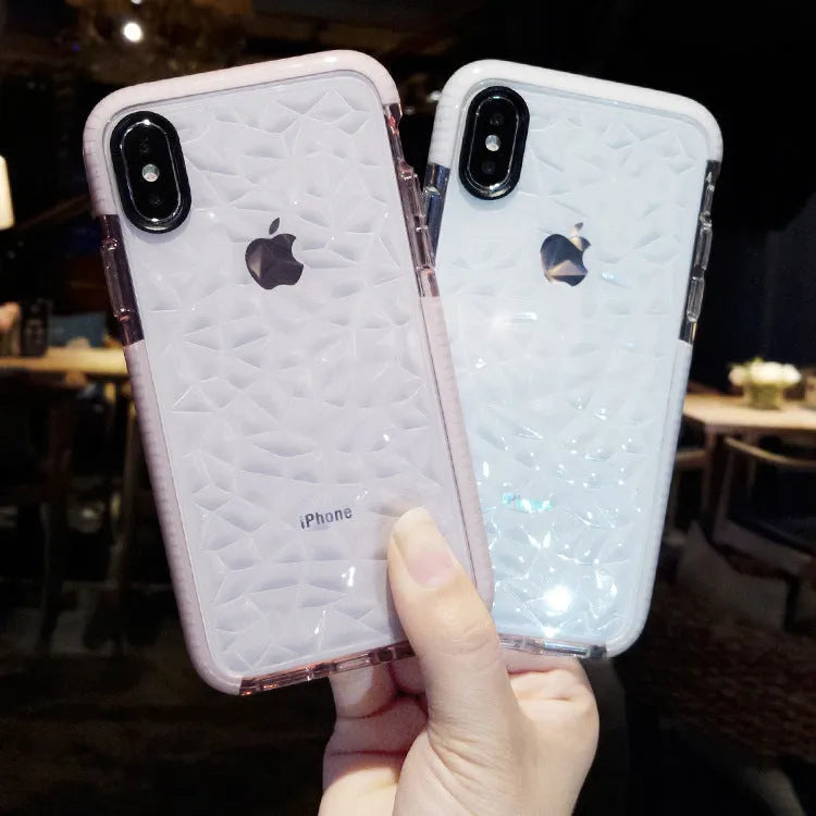 Flexible TPU iPhone case with striped back design in black, pink, and white border options.