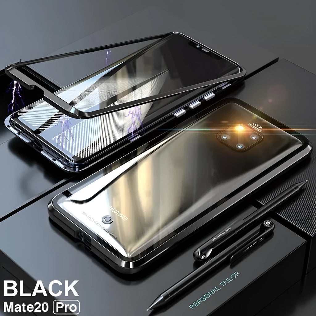 Huawei magnetic phone case with metal frame and tempered glass back in black, blue, red, or white
