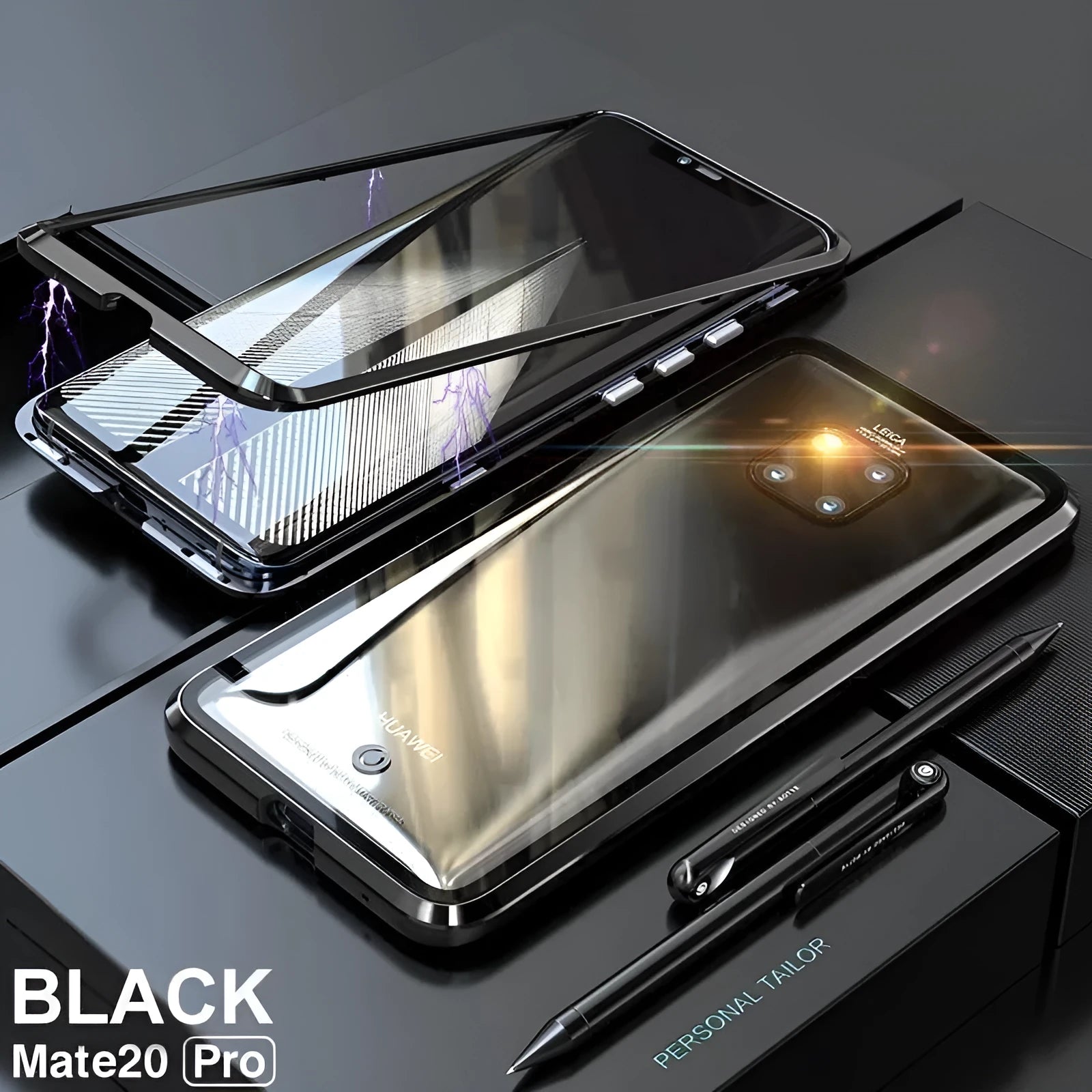 Huawei magnetic phone case with metal frame and tempered glass back in black, blue, red, or white