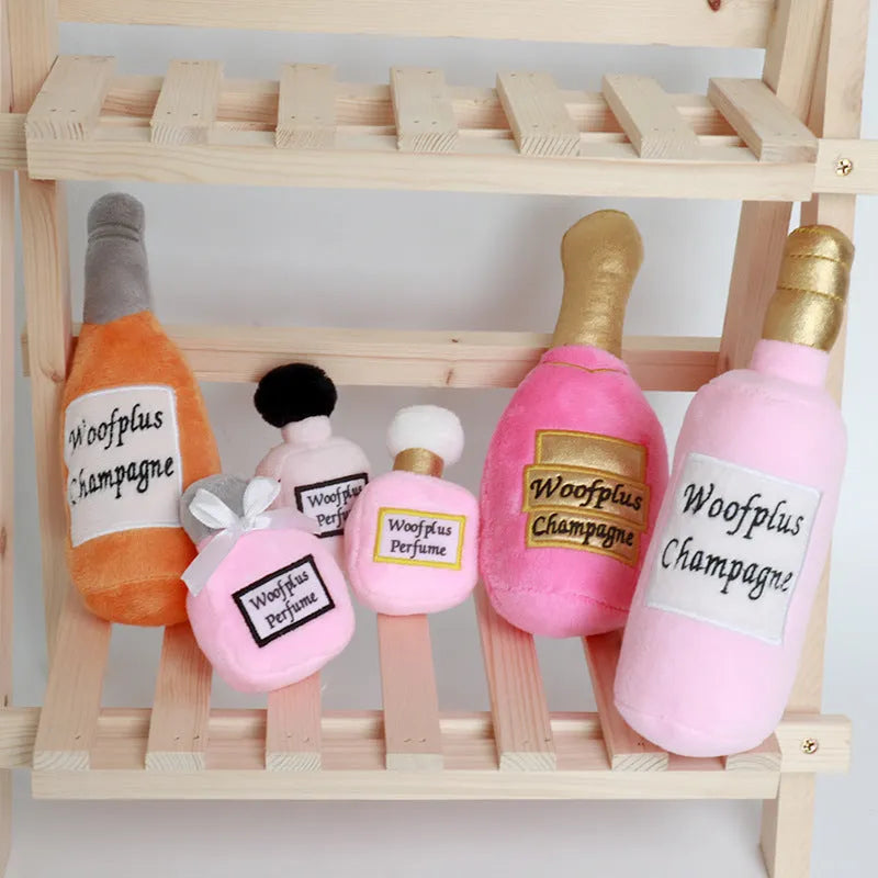 Plush wine bottle pet toy for dogs and cats in six colour variations