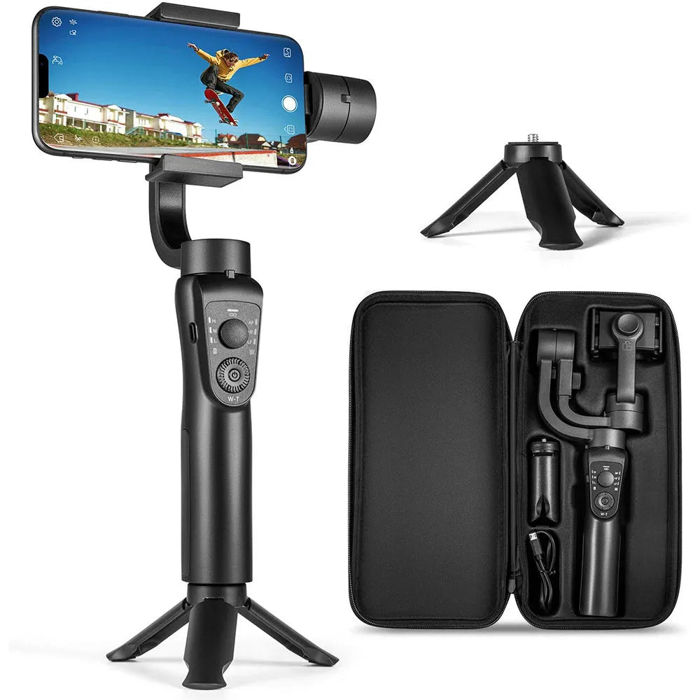 Black three-axis handheld gimbal stabilizer with tripod and protective cases