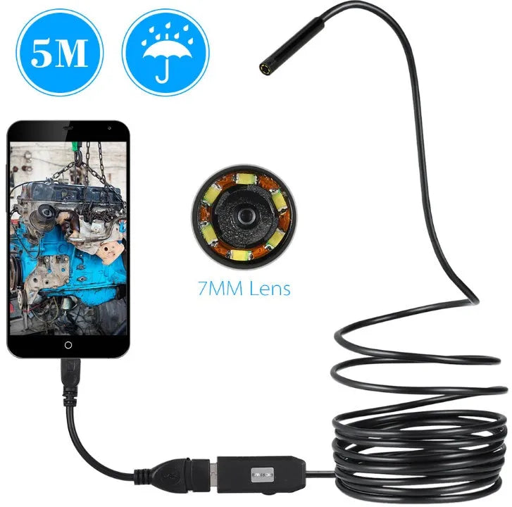 OWSOO USB endoscope with 5m cable, 7mm camera lens, small hook, magnet, and side mirror for phone inspection.