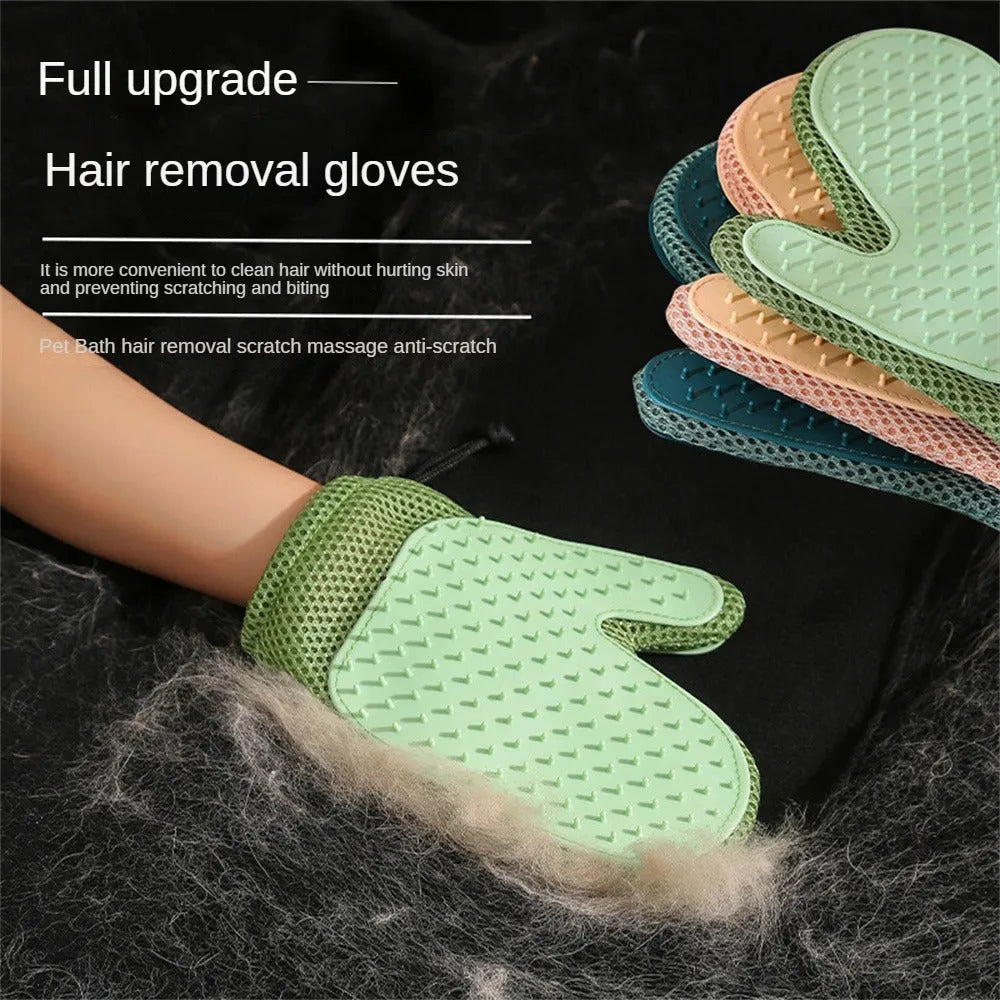 Right-hand pet grooming glove made of blue mesh fabric and TPR for removing dog and cat hair.