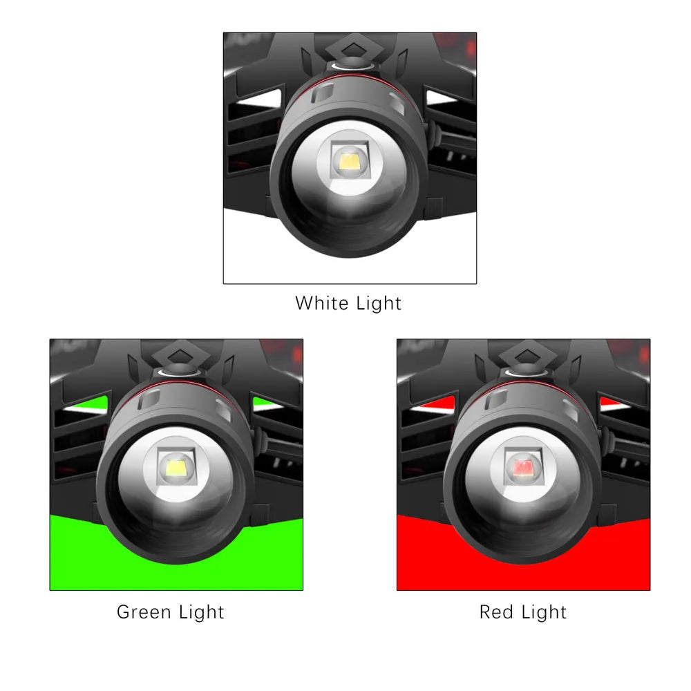 T6 LED zoom headlamp showing white, red, and green light outputs on an adjustable headband.