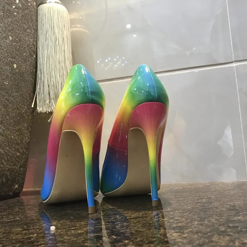 Rainbow patent leather women's high heels with pointed toe and thin heel