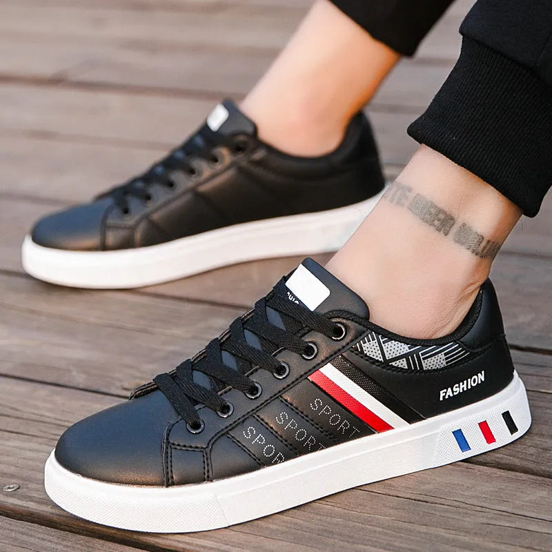 Men's sports shoes in black, grey, or white colours with UK sizing information and foot length chart
