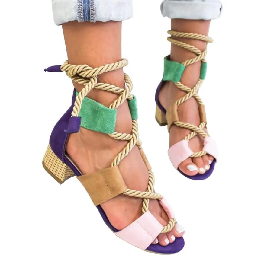 Women's beige suede fashion sandals with thick heel, fish mouth toe, and ankle strap.