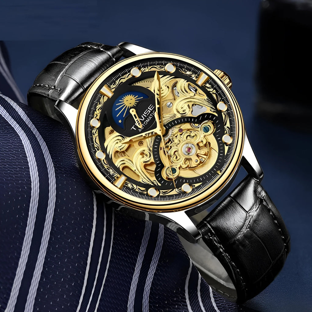 Men's waterproof automatic mechanical watch with leather strap in gold or white options