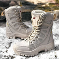 Cowhide leather hi-top hiking shoes in black, brown, and beige colours for outdoor activities