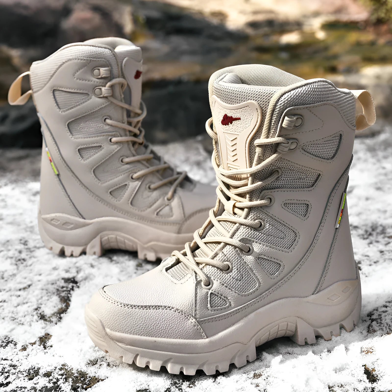 Cowhide leather hi-top hiking shoes in black, brown, and beige colours for outdoor activities