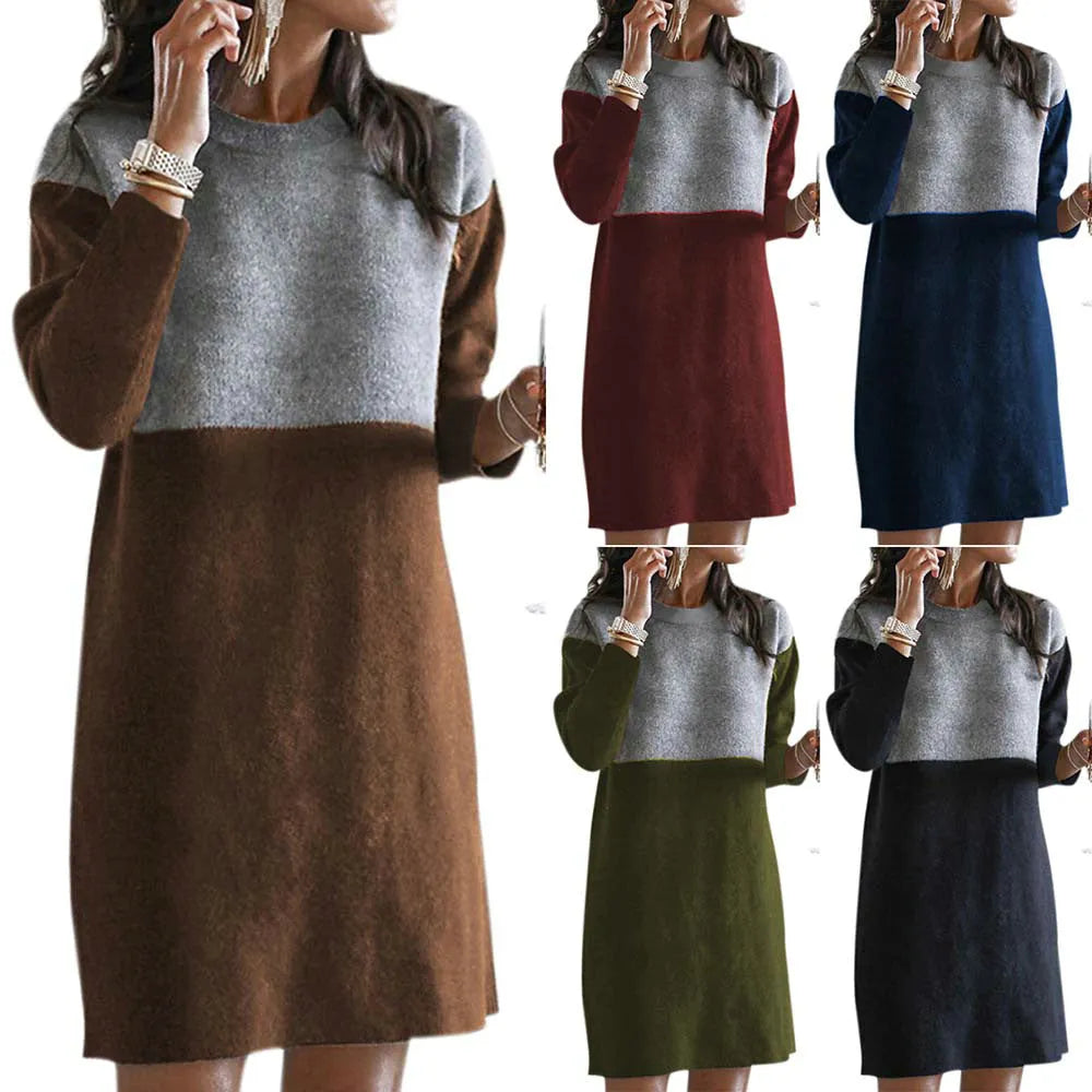 Brown women's long sleeve dress with patchwork detailing and a loose, flowing silhouette.