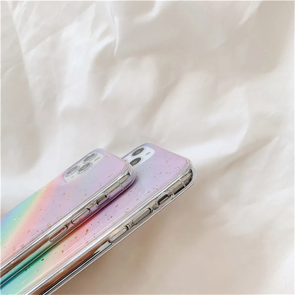 Rainbow gradient striped TPU hard protective case for iPhone on a white background.